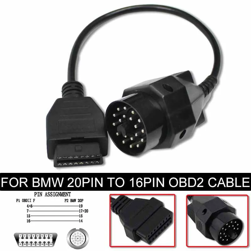 OBD OBDII Adapter Car Scanner Diagnostic Tools for BMW 20 pin to OBD2 Cable 16 PIN Female Connector e36 e39 X5 Z3 for BMW 20pin