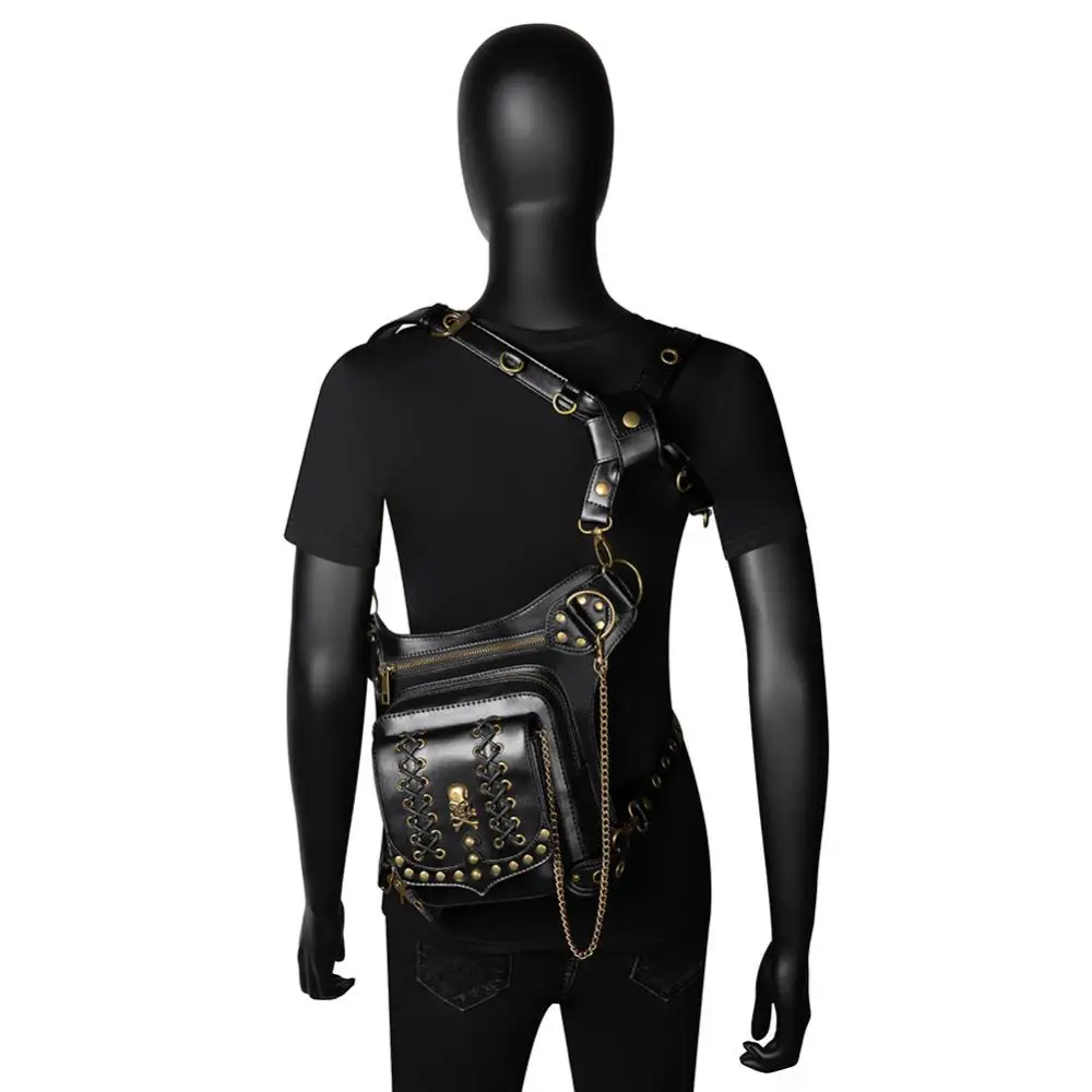 Steampunk Cosplay Unisex Punk Rivets Skull Badge Chest Bag Retro Tactical Waist Bag Pu Leather Multiple Wearing Method