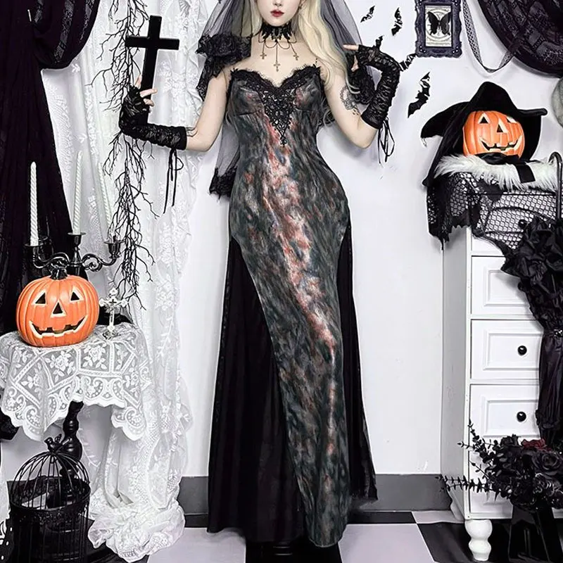 Dark Gothic Tie Dye Slip Dresses Autumn Fashion Spliced Women's Clothing Halloween Waist A-Line Vintage Printed Lace Long Dress