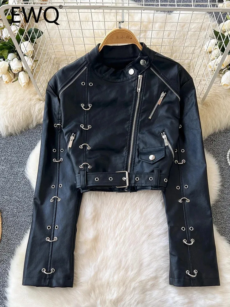 EWQ Moto Style Vintage Leather Jackets Women\'s Stand Collar Irregular Circular Rivet Design Short Coats 2024 Autumn New 27X1611