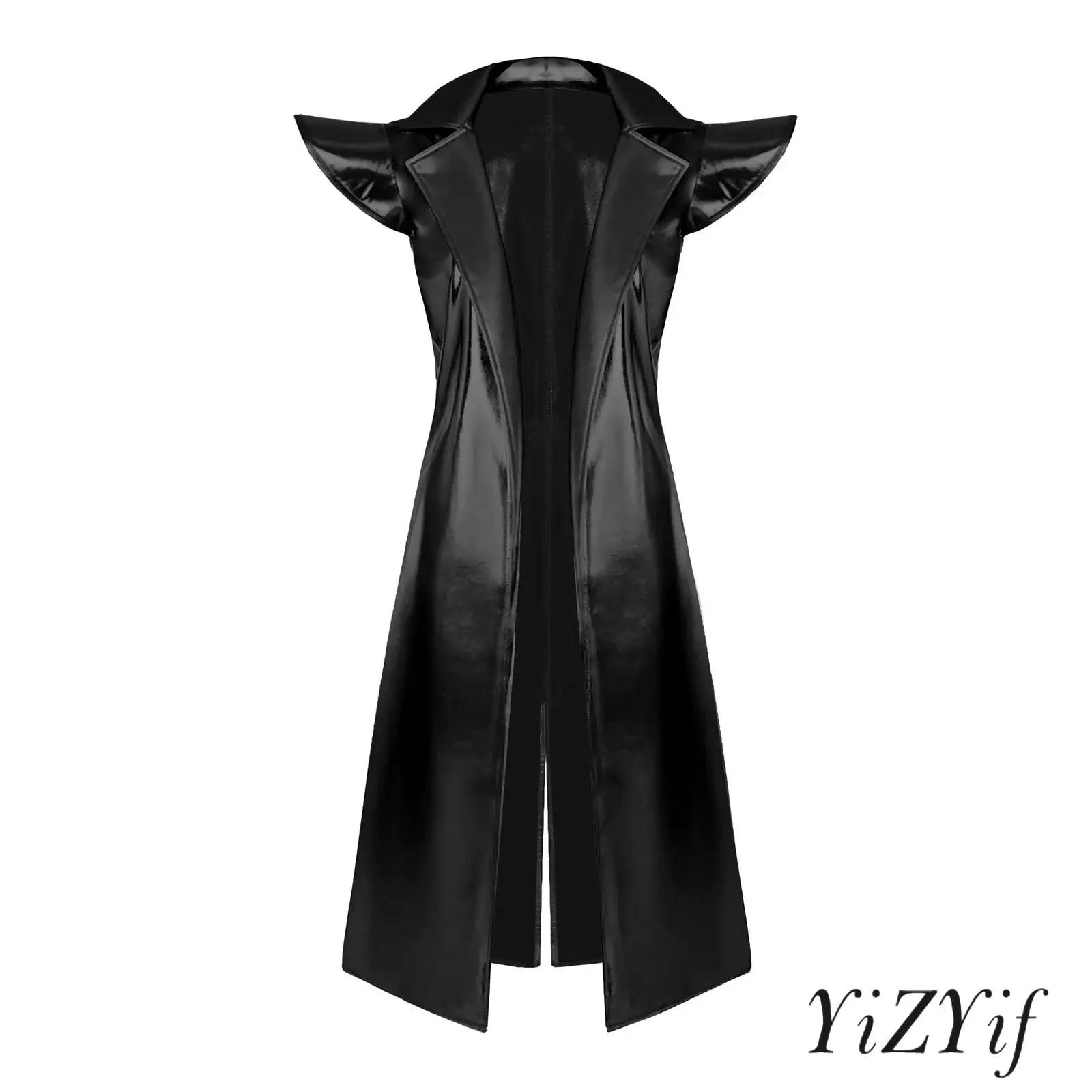 

Women Metallic Shiny Trench Coat Sleeveless Notch Lapel Open Front Belted Long Jacket Coat Jazz Rock Music Festivals Clubwear