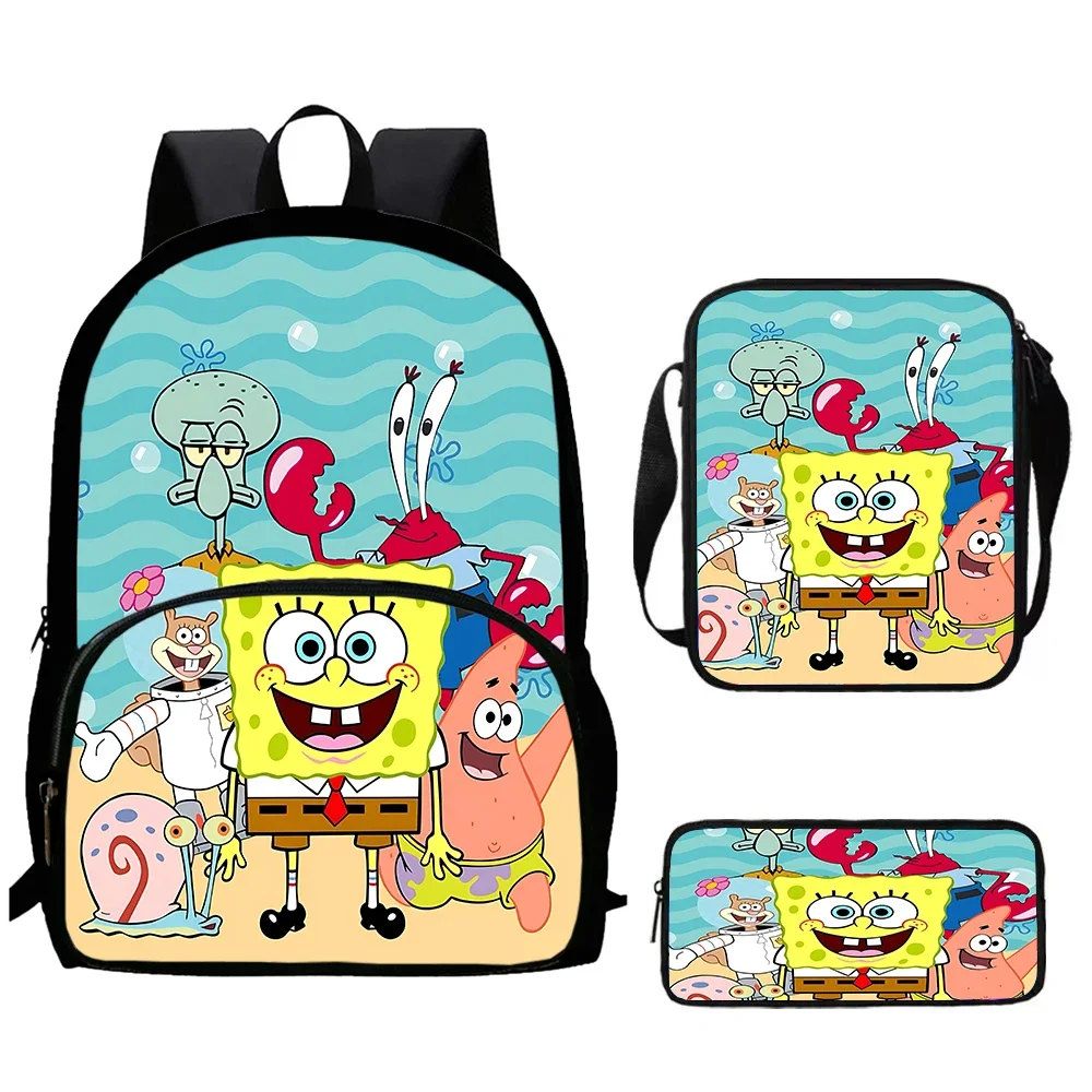 3 pezzi Set Cartoon Sponge Boby School zaino, borse a tracolla, borse a matita per 4-8 anni Cartoon School Bags for Boys Girls