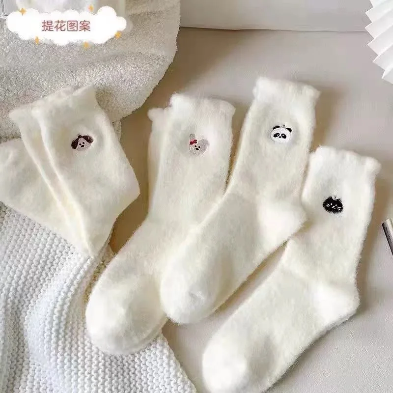 Thermal water feline fur cute little bear cartoon animal down and fleece thickened warm women's mid-calf socks