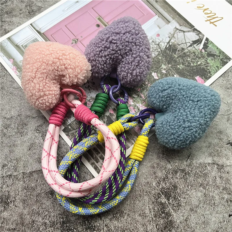 Keychain for Phone Lanyard Plush Wrist Strap Colorful Hearts Keychain Lanyard Bag Decorate Keyring Pendant Premium Key Cord