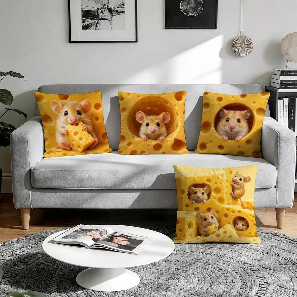 Realistic print of cheese and mice Cushion Cover Natural Breathable Durable Linen Printed Decor Pillow Case Sofa Bedroom