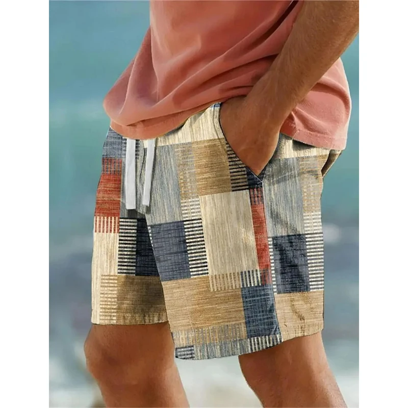 Plaid Splicing Pattern Beach Shorts For Men Colorful Geometric 3D Printed Swim Trunks Summer Fashion Street Loose Board Shorts