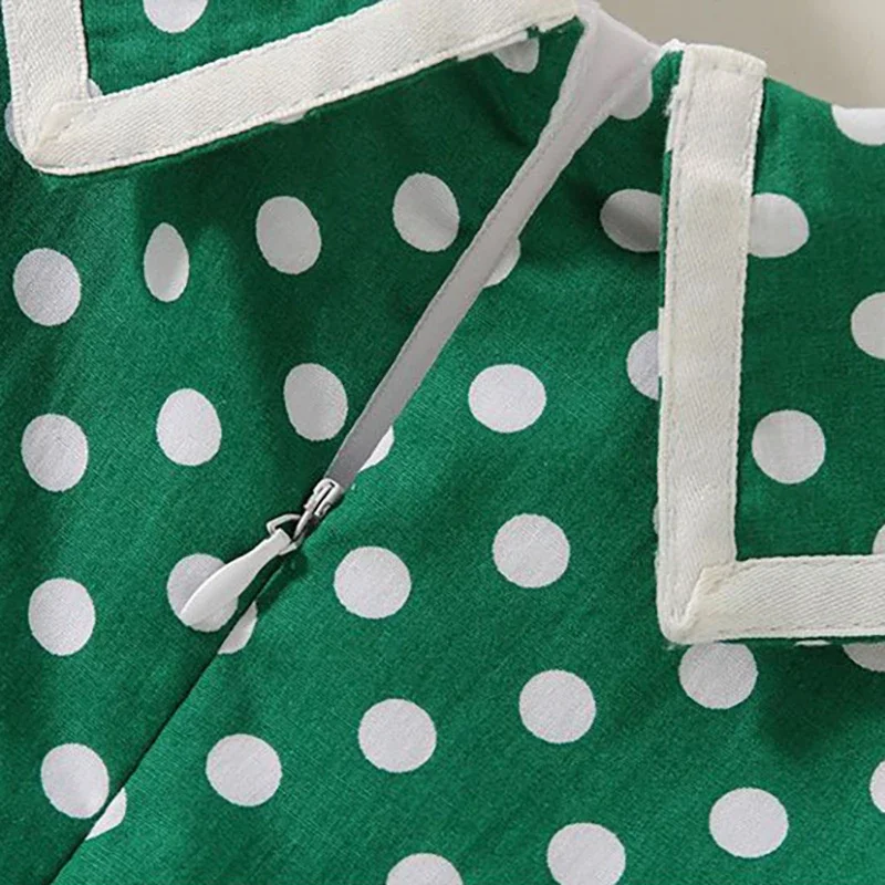 Bear Leader 2023 New Girls Summer Dress Short Sleeve Cotton Dot Green Retro Dress British Style Double Breasted Girls Dress