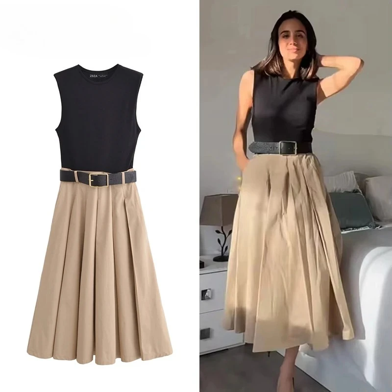 2025 Vrouw Jurken Riem Geplooide Midi Jurk Vrouwen Mouwloze Zomerjurk Vrouw Gebreide Feestjurken voor Vrouwen Zonnejurk