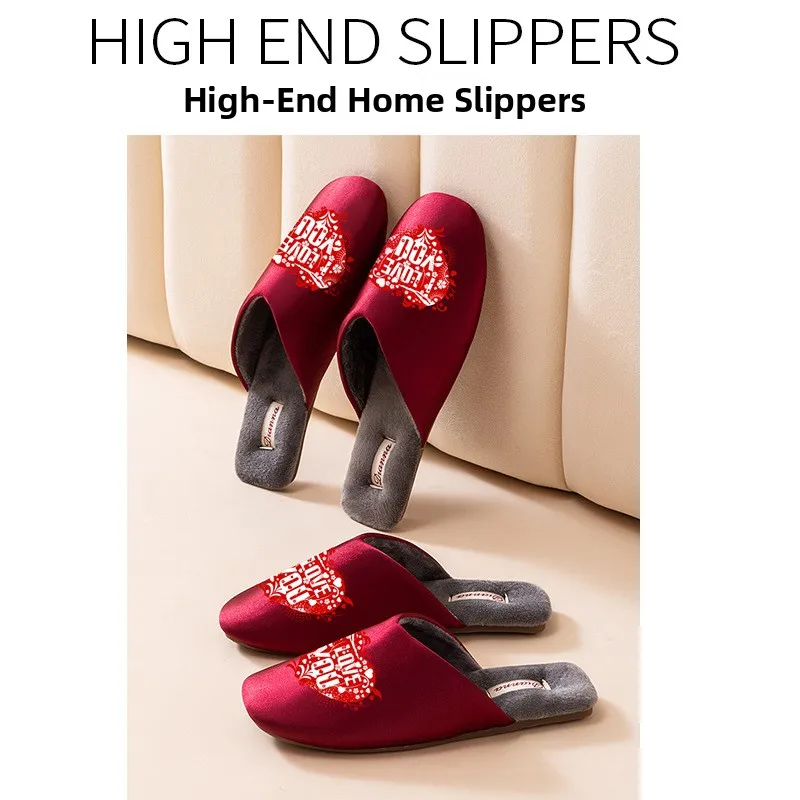 

Luxury Red Printed Couple Slippers Home Cotton Slippers Thickened Warm Fleece Cover Head Men Women Wedding Celebration