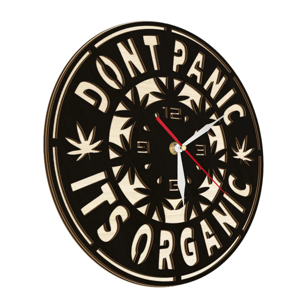 Don't Panic Its Organic Hemp Leaves Wall Clock Medical Researchers Laboratory Decor Hemp Adjuvant Therapy Plant Wood Wall Watch