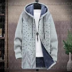 Men's Retro Pattern Print Plush Thick Long-Sleeved Coat Fleece Hooded Overcoat Unisex Thick Warm Jacket