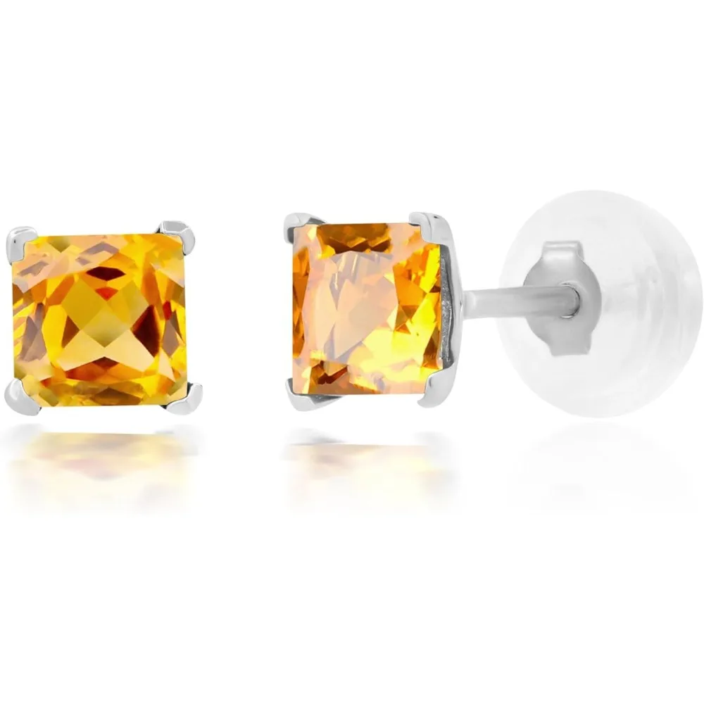

14k White or Yellow Gold Square Stud Earrings for Women with Princess Cut Gemstone 4 mm Birthstone and Push Backs by MAX + STONE