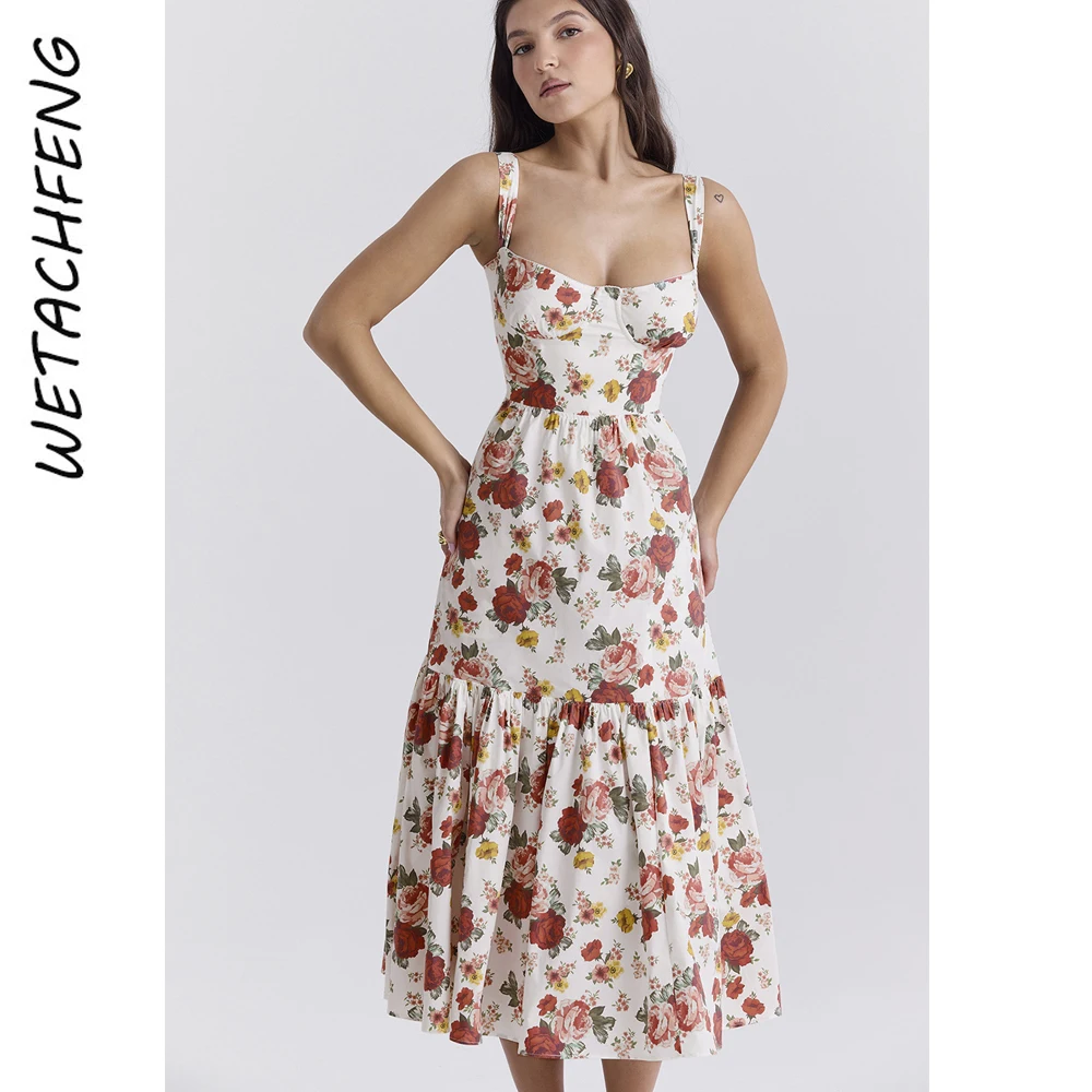 

Vintage Elegant Maxi Floral Boho Dresses Women Summer Sexy A-Line Flower Cake Slip Dress Party Beach Evening Holiday Long Dress