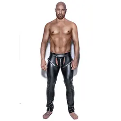 Shiny Black Open Crotch Skinny Trousers Sexy Men Faux Leather Pants Nightclub Stage Performance Singers Dancer Leather Pants