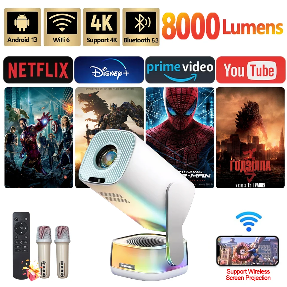 

Mini Projector 1080P/4K Supported, WiFi 6 & Bluetooth 5.0, Android TV Short Throw Portable Beamer for Home Theater Outdoor Movie