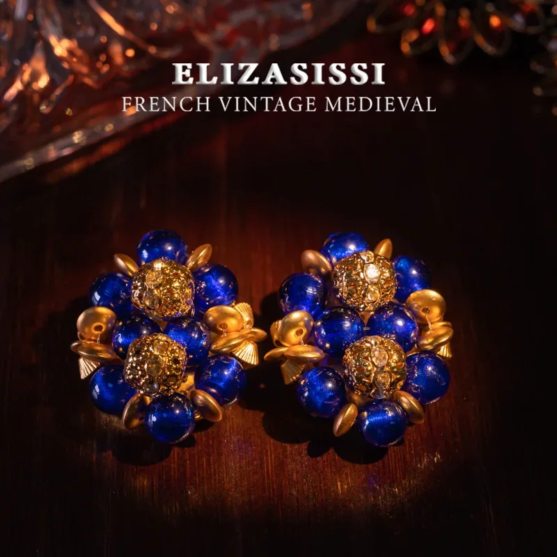 New and medieval pure handmade glazed woven flower ball ancient method old glazed retro earrings, stud earrings temperament