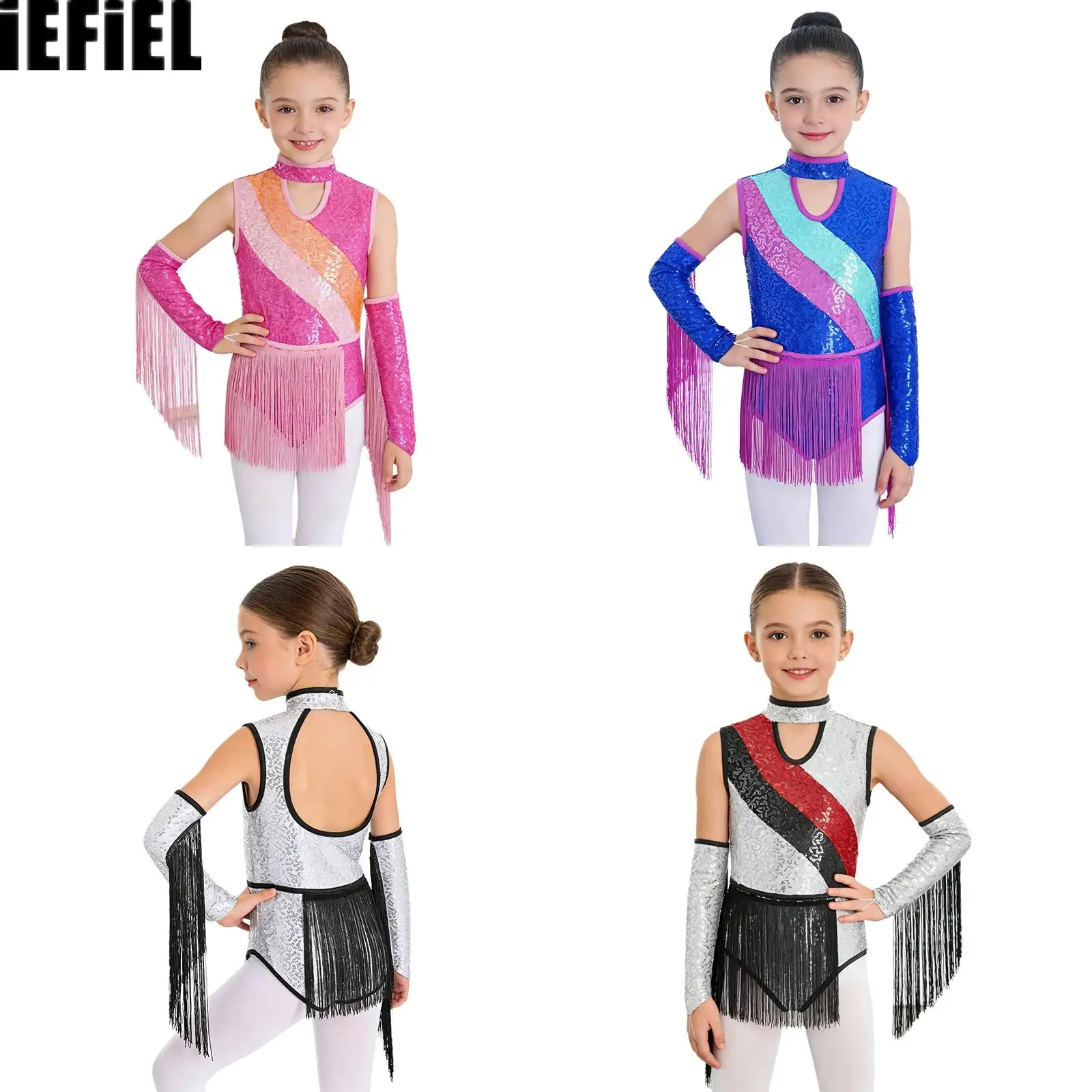 

Kids Girls Color Block Latin Dance Outfit Mock Neck Sleeveless Cutout Sequin Tassel Leotard with Finger Holes Fringed Gloves