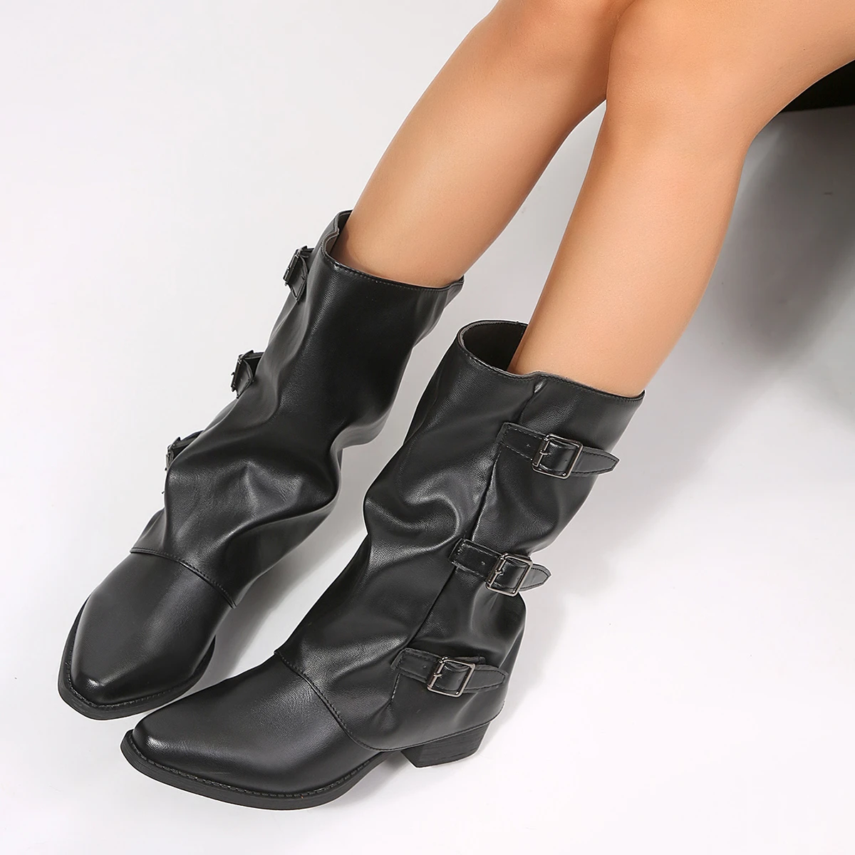 Damenstiefel Kniehoch Plateau Blockabsatz Trend Punk Gothic New Rock Leder Mode Damenschuhe Motorrad-Schuhe – Detail 4