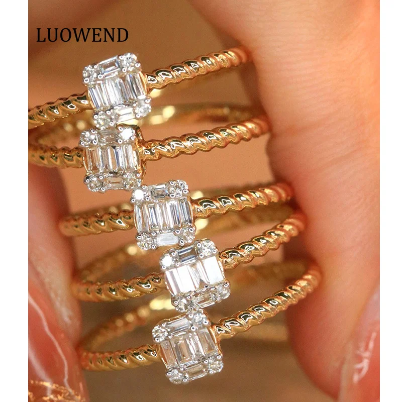 

LUOWEND 100% 18K Yellow Gold Rings Fashion INS Style Real Natural Diamond Engagement Ring for Women High Anniversary Gift
