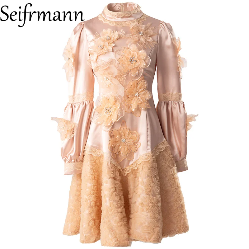 Seifrmann Stitched beaded appliqué dress stand collar long sleeve waist mid length dress 2026 autumn women's new style