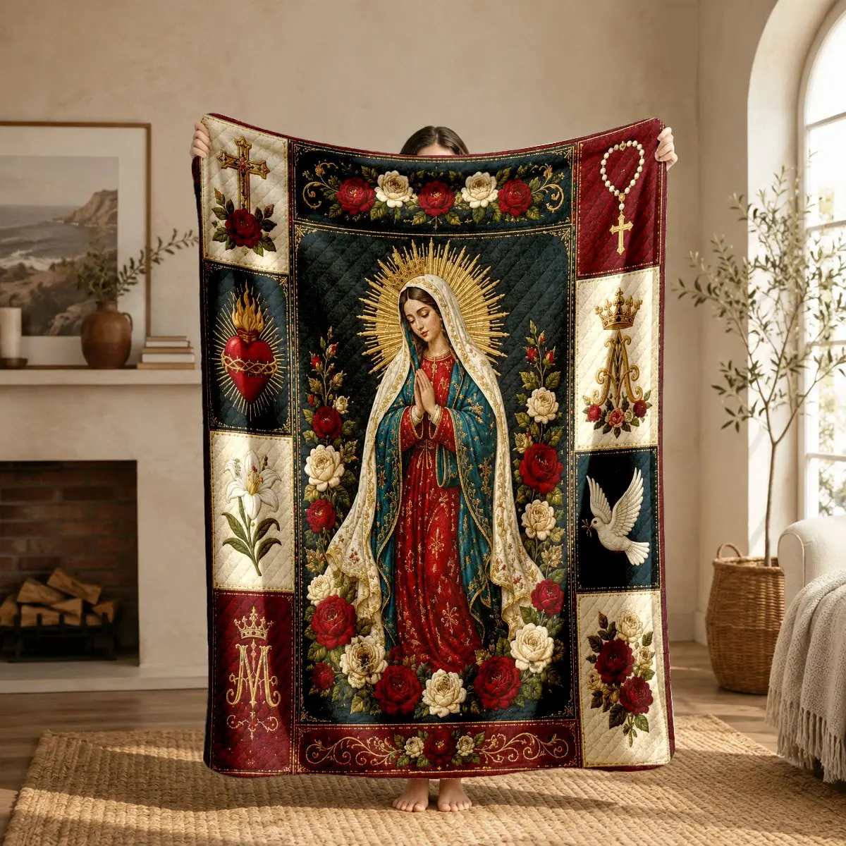 Luxurious Catholic Virgin Mary Madonna Religious Tapestry Throw Blanket Ornate Christian Faith Wall Decor Gift for Home Living