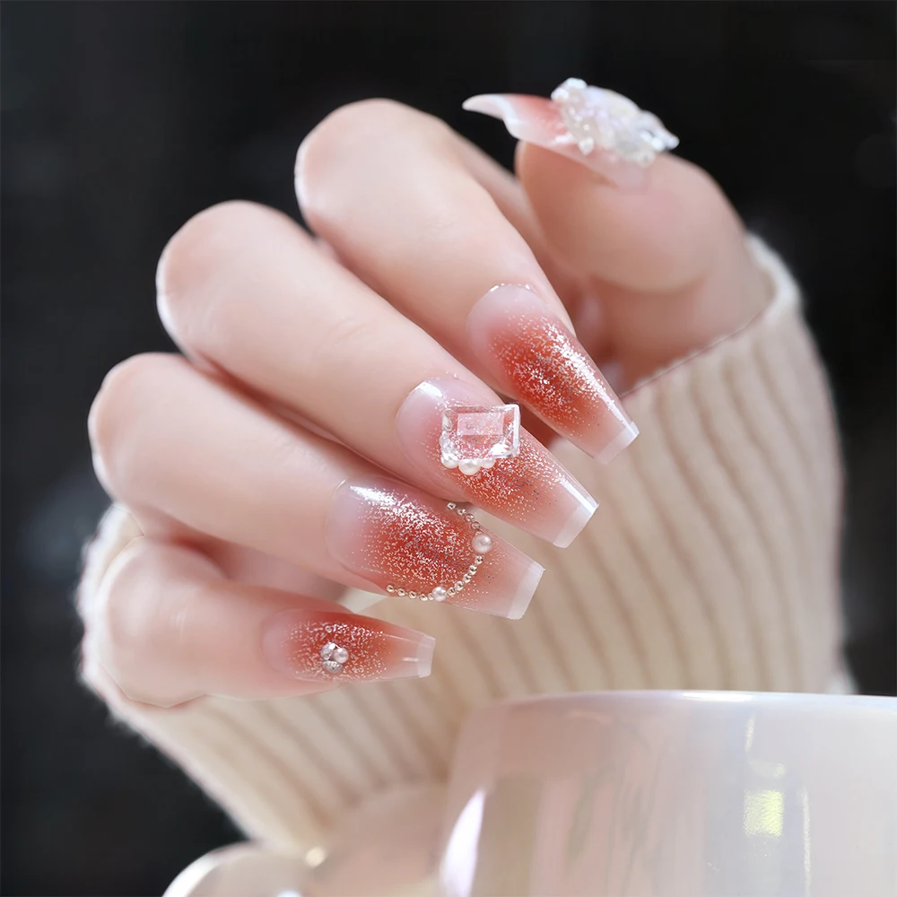 24 Stück mittelgroße, quadratische, handgefertigte Nägel zum Aufdrücken, vollständige Abdeckung, Schmetterlings-Strass-Kunstnägel, künstliche tragbare Maniküre-Nagelspitzen