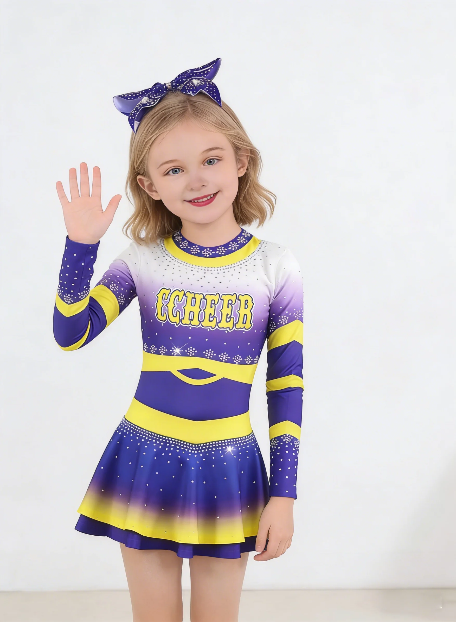 

Sparkly Purple Yellow Cheerleading Costume Girls Gradient Long Sleeve Rhinestone Cheer Uniform Dance Performance Competition