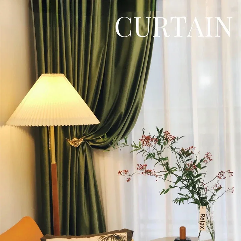Retro Luxury American Olive Green Swan Velvet Curtains Blackout Velvet Fabric Thick French Minimalist Modern Bedroom Curtains
