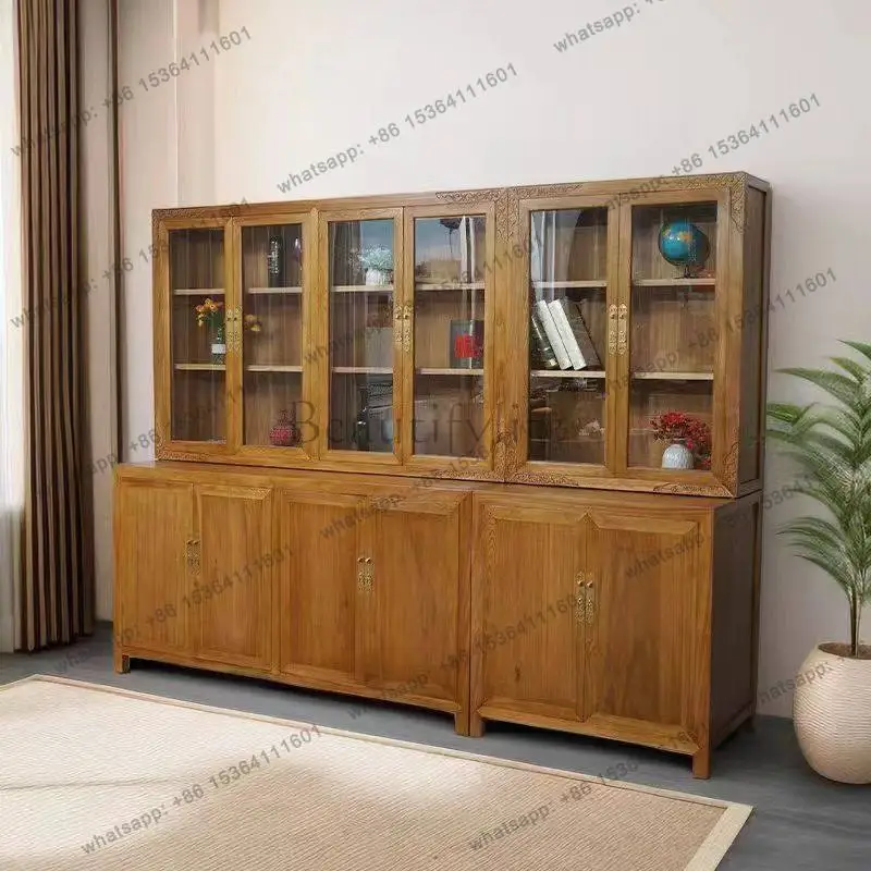 Chinese solid wood with door old elm bookcase bookcase all solid wood display cabinet with glass