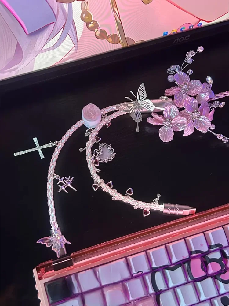 Pink Butterfly Style 2-in-1 Aviator Cable 1.3m Fully Luminous 8k Mechanical Cable Keyboard Desktop Decoration Accessorie