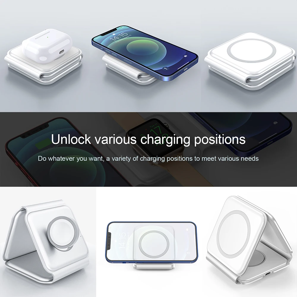 15W Foldable Wireless Charger For Apple Watch AirPod 2 3  iPhone 13 11 12 Pro Max /Samsung 3 in 1 Magnetic Fast Wireless Charger