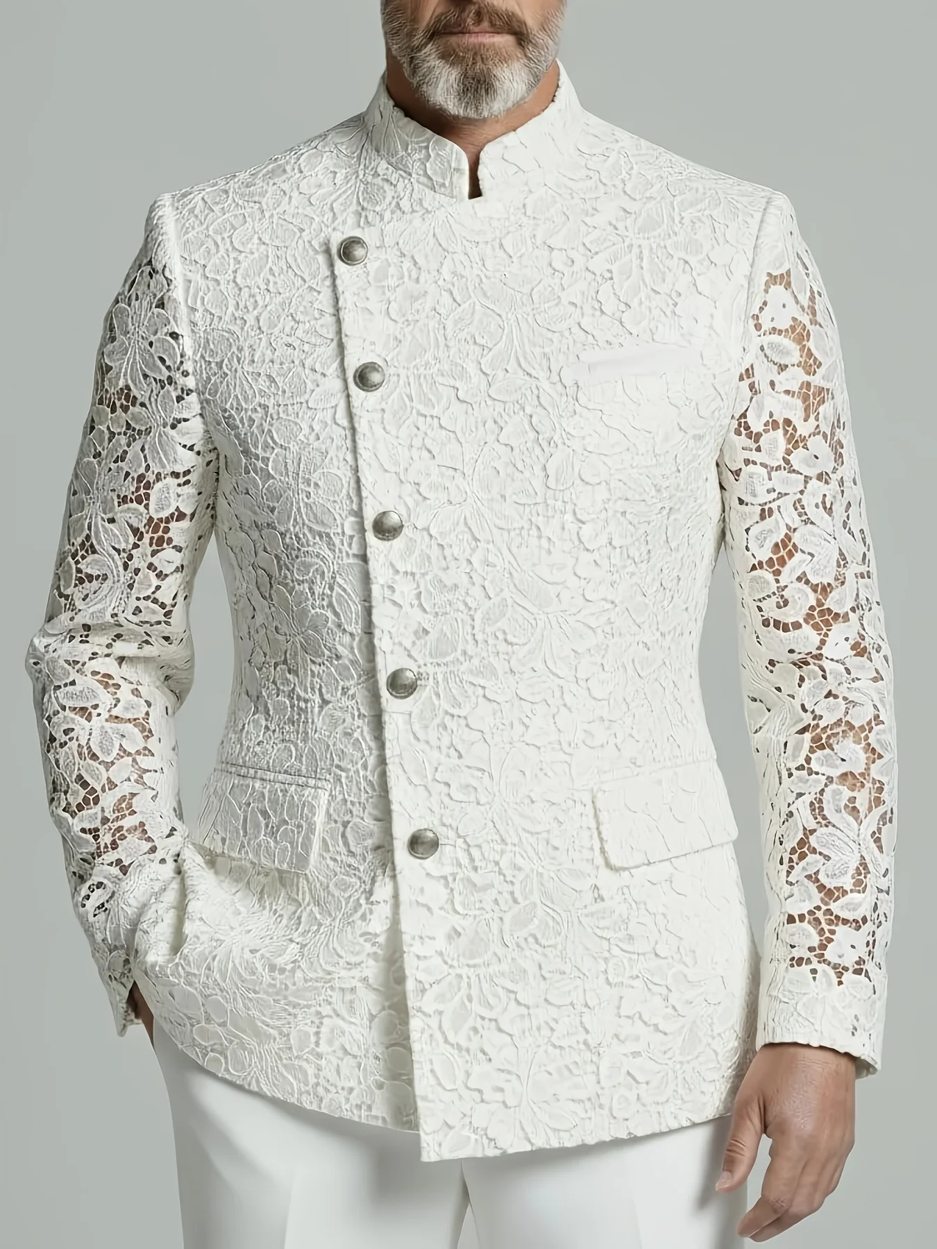 Men's White Stand Collar Asymmetrical Single Breasted Long Sleeve Lace Jacket