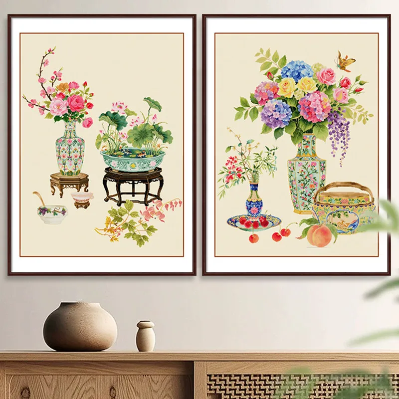 kit-per-punto-croce-elegante-natura-morta-cinese-due-pannelli-con-fiori-di-loto-in-vaso-tela-stampata-fai-da-te-per-decorazione-murale-d'ingresso