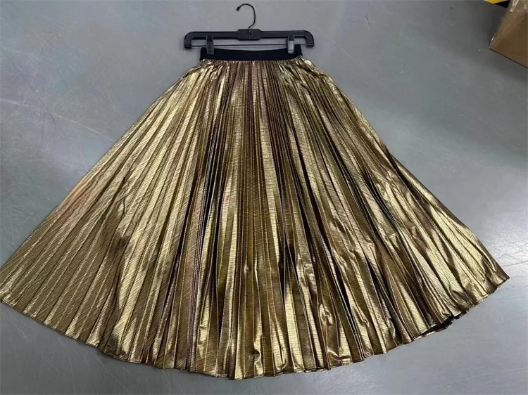

Modern Retro Gold Metal Elastic Waist Skirt Women's Midi Skirt Versatile Drapey Pleated High Waist Polyester Fiber A-Line Skirt