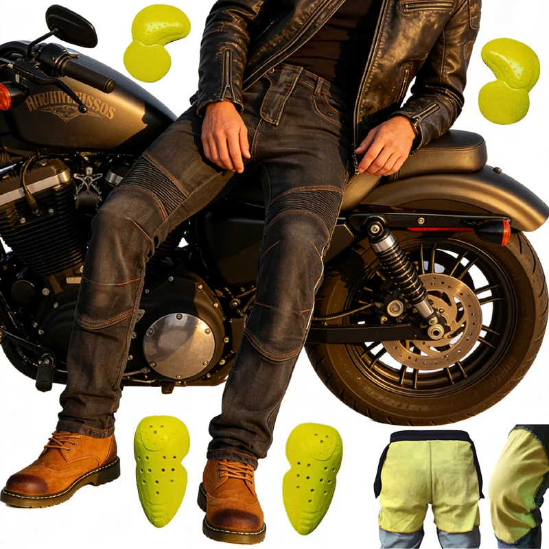 

Men Kevlar Motorcycle Jeans Windproof Abrasion Resistant Protective Pants Blue Off Road Riding Trousers Four Season