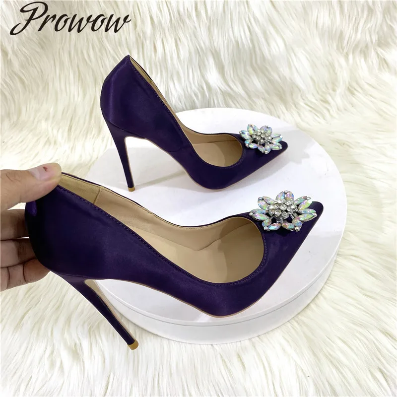 

Spring new purple satin high heels Pumps 12CM pointed thin heel rhinestone single shoes