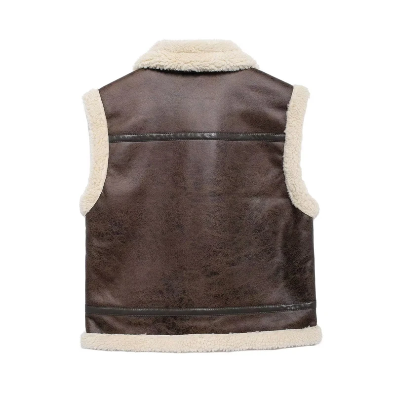 Gilet in ecopelle con colletto in shearling per donna uomo, giacca senza maniche foderata in caldo pile, capispalla vintage con cerniera per l'autunno invernale
