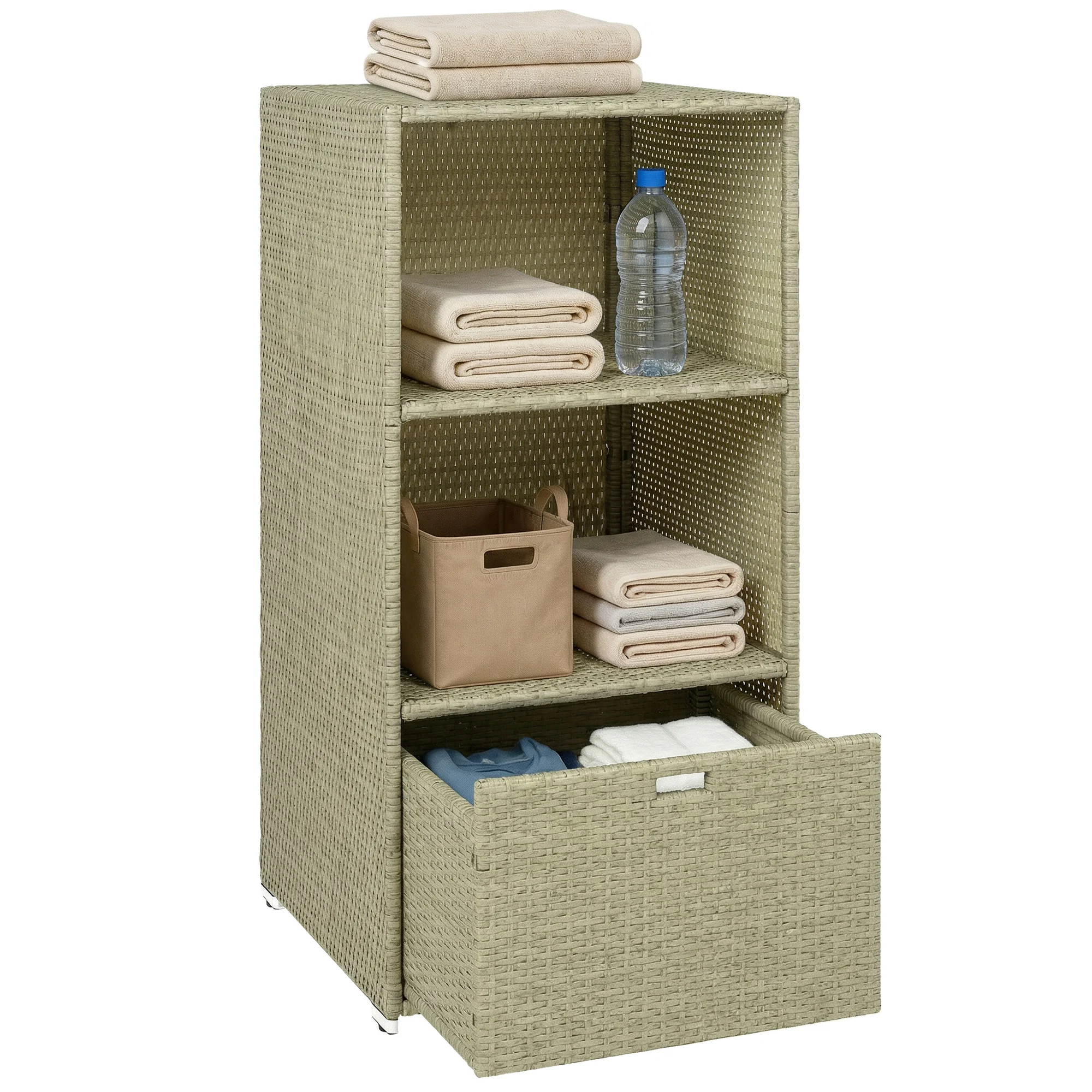 Outsunny Pe Rattan Pool Towel Rack with 2 Storage Shelves Baskets