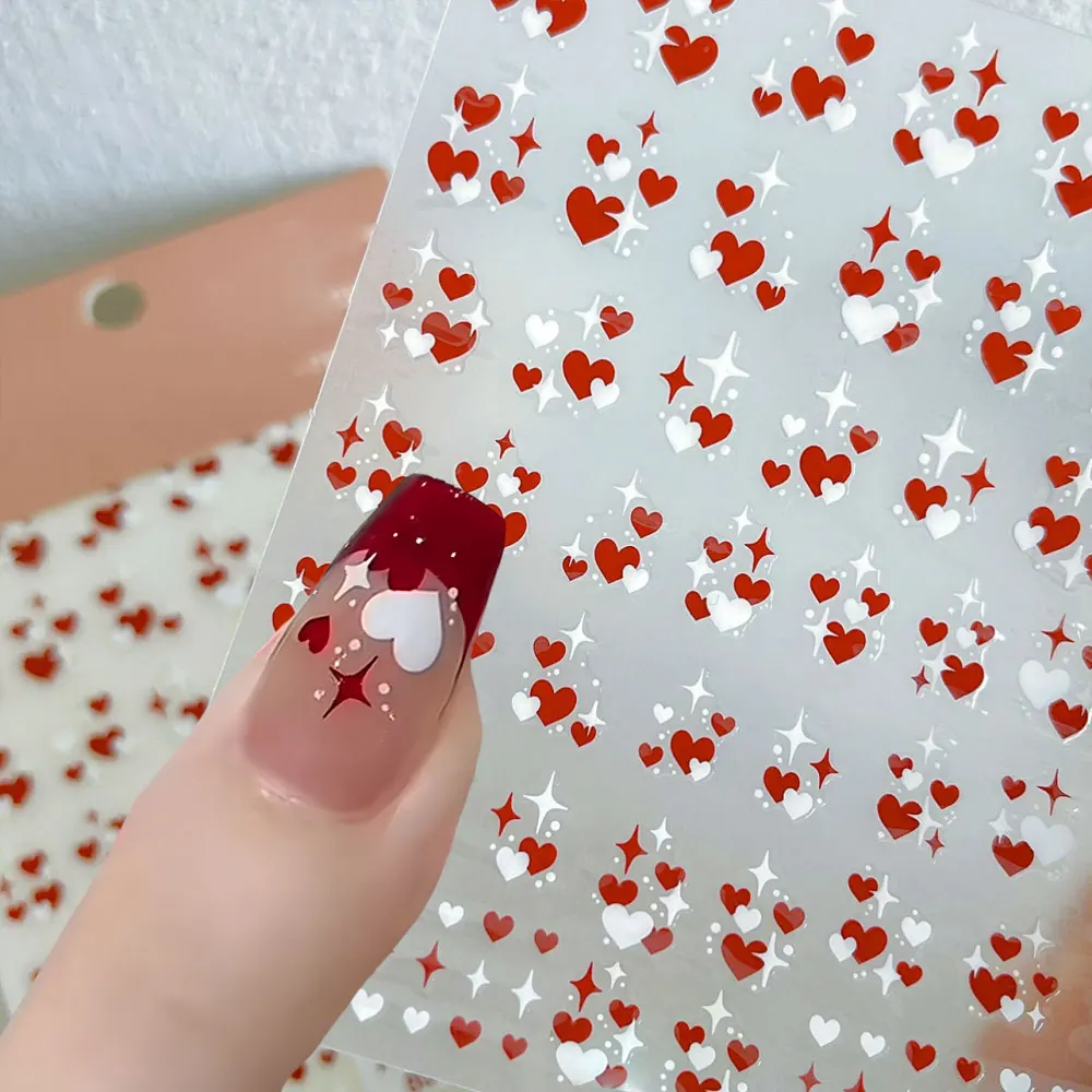 3D rouge blanc amour coeur saint valentin Nail Art autocollants Kawaii étoile coeur ongles décalcomanies 8*10 cm auto-adhésif Valentine Nail Deco