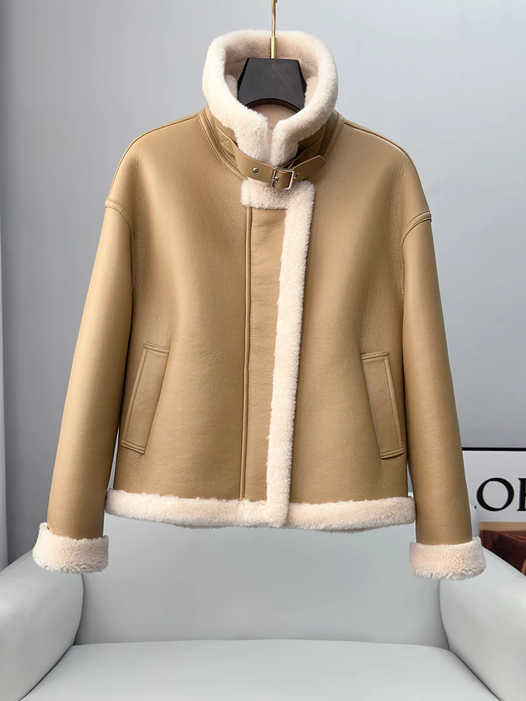 2023 Winter New Sheep Fleece Short Coats for Women Fashion Simple Stand Collar Lamb Wool Coat Office Lady Solid Jacket