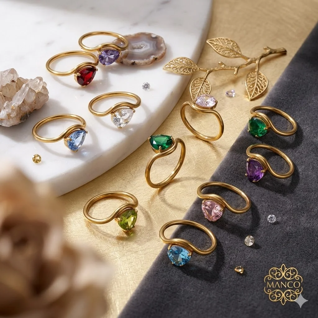 18K Gold Plated Stainless Steel Birthstone Rings For Women Teardrop Waterdrop Zircon Colorful Anniversary Birthday Jewelry Gift