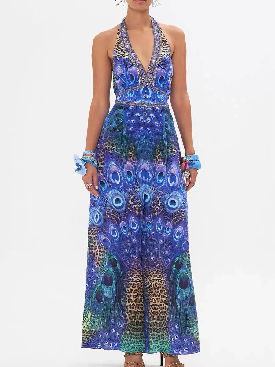 Women Silk Halter Neck Back Lace-up Beaded Deep V-Neck Peacock and Leopard Printed Sleeveless Jumpsuits