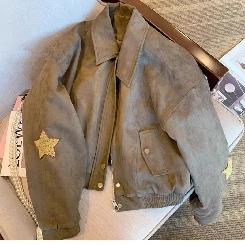 

Vintage Short Suede Jacket Women Star Y2k Streetwear Korean Fashion Autumn Winter Racing Coat Oversize Designer Clothes