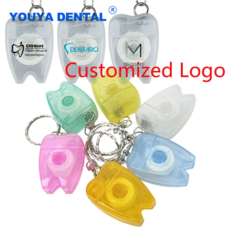 500pcs Dental Floss Tooth Keychain Tooth Cleaner Floss Roll Tooth-Shaped Key Chain Floss Picking Oral Care Customized LOGO