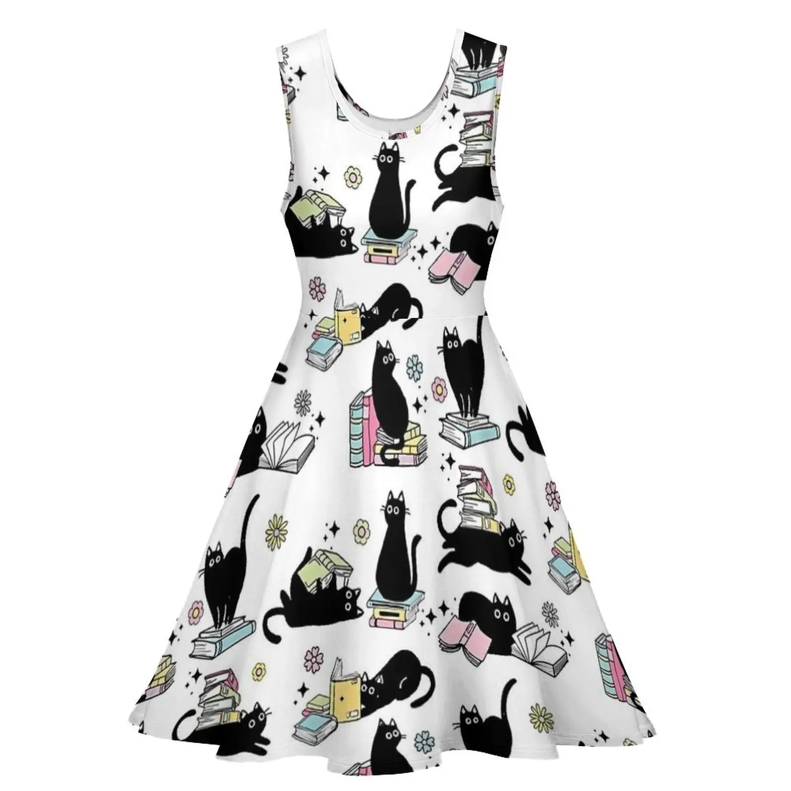 Library Cat Dress Black Cats and Books Pretty Dresses High Waist Street Wear Oversized Skate Dress Women Graphic Vestidos