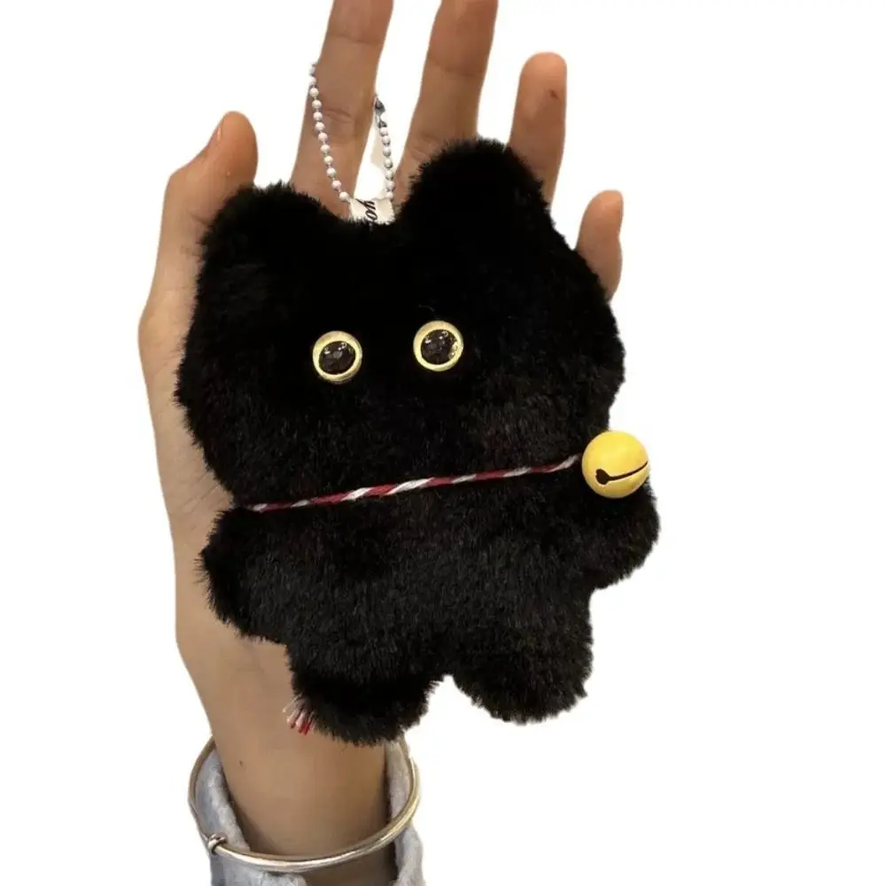 LLavero de felpa de gato negro de ojo grande, decoración de mochila, muñeco de gato antipérdida de dibujos animados, colgante de felpa suave divertido, regalo pequeño