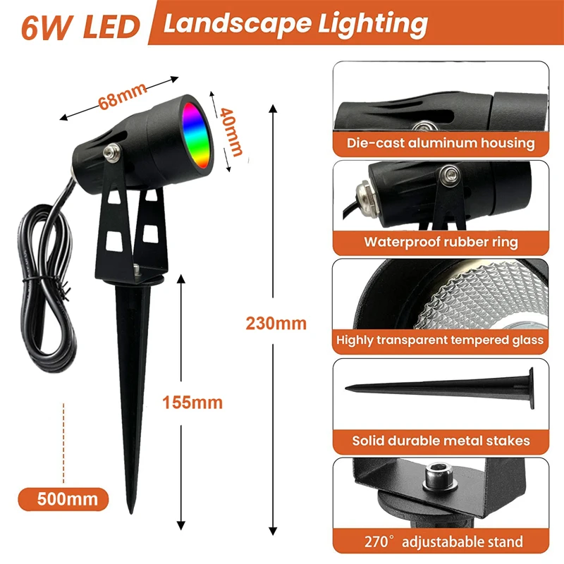 RGBW Low Voltage Landscape Light Color Change Remote Outdoor LED Spot Light 6W Waterproof Lawn Path Garden Spotlight with Spike