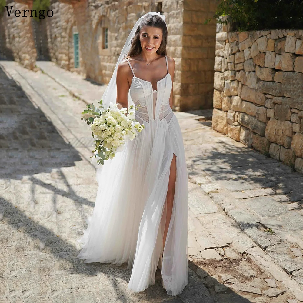 

Verngo lvory Tulle Wedding Dress Sweetheart A Line Spaghetti Strap Bridal Gown Side Slit Sexy Sweap Train Bride Dress Customized