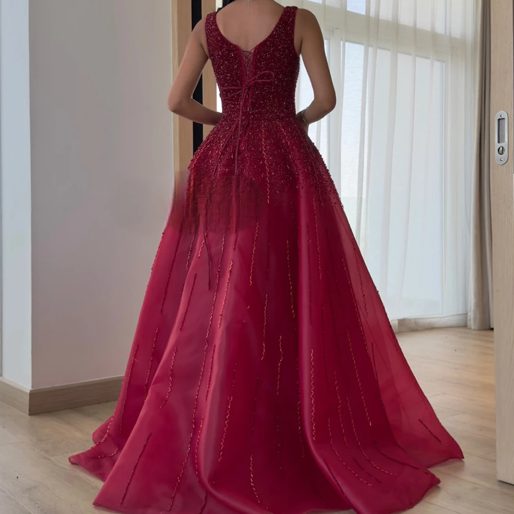 Maßgeschneidertes, maßgeschneidertes A-Linien-Abendkleid aus Organza mit quadratischem Kragen und glitzernden Pailletten, Kristallen, Schnürung am Rücken, Sweep-Zug, Partykleid