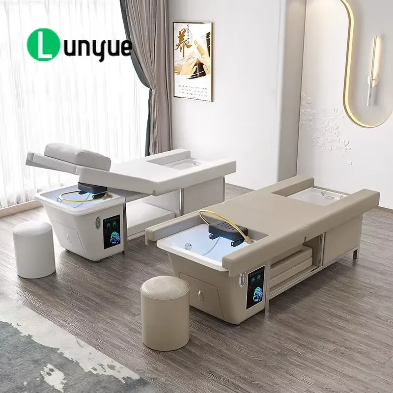 Deluxe Multifunctional Thai Shampoo Bed with Water Circulation and Foot Bath Modern Adjustable Height Furniture for